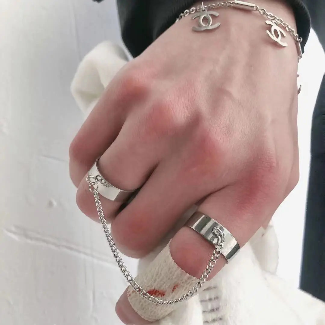 Gothic Statement Ring – Double Band Chain Link Punk Hip Hop Adjustable
