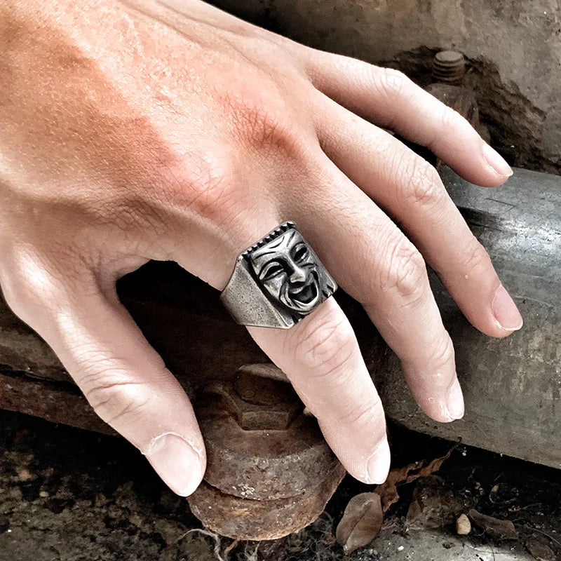 Gothic Statement Ring – Hip Hop with Geometric Mood Face Mask Punk Happy Unhappy