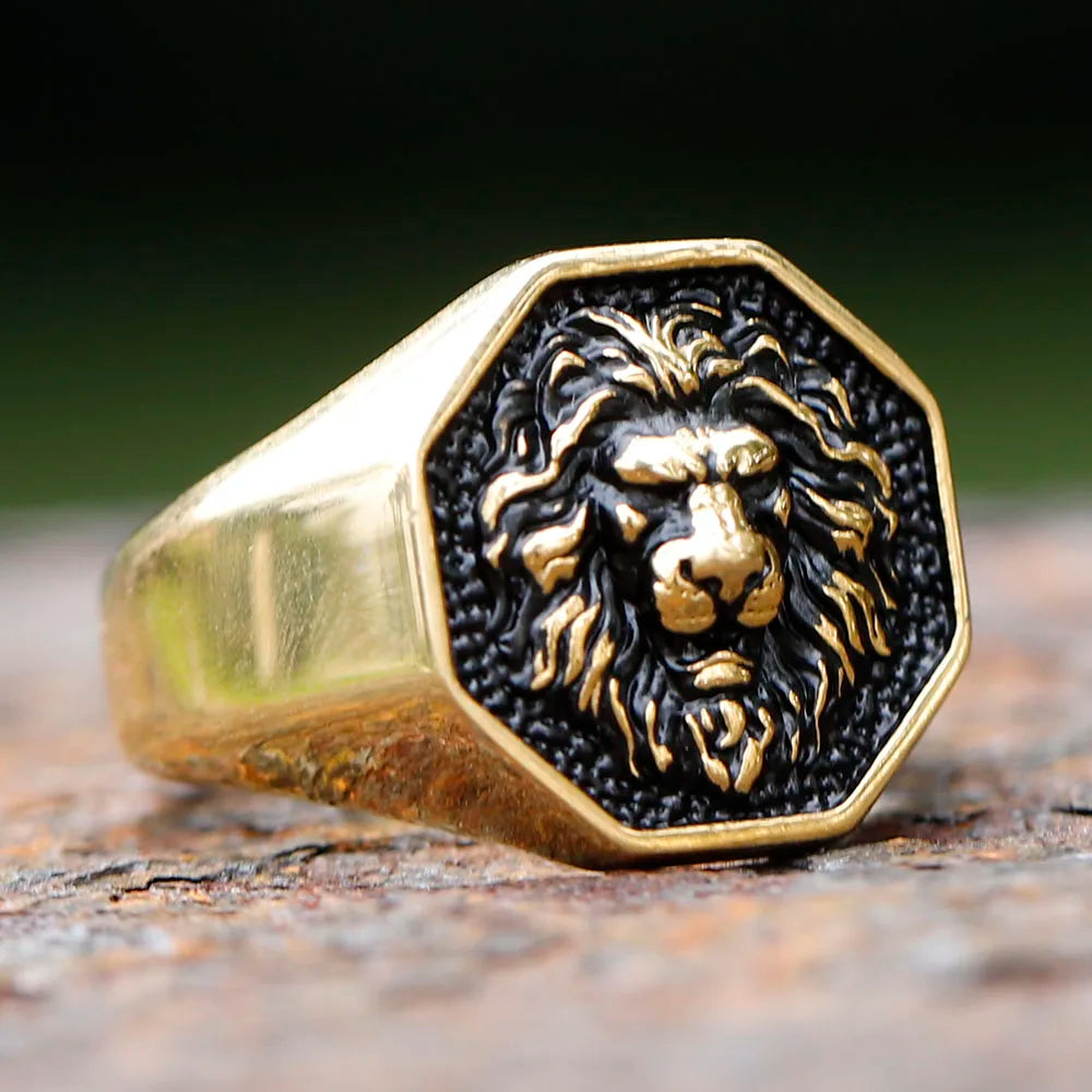 Gothic Statement Ring – Tiger with Savage 3D Head Punk Biker Gold Steel