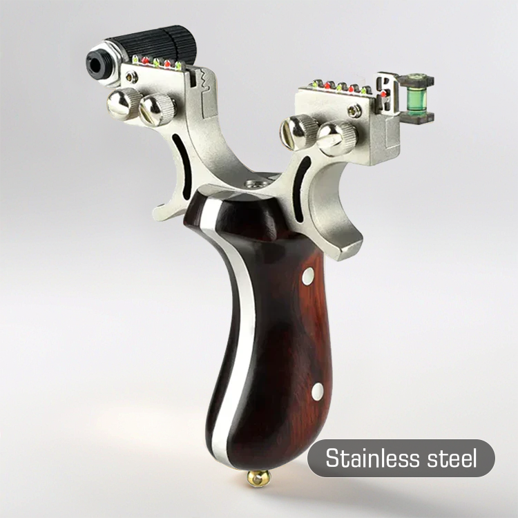 Hunting Slingshot – Stainless Steel Wood Handle with Laser & Level Fiber Optic Sight