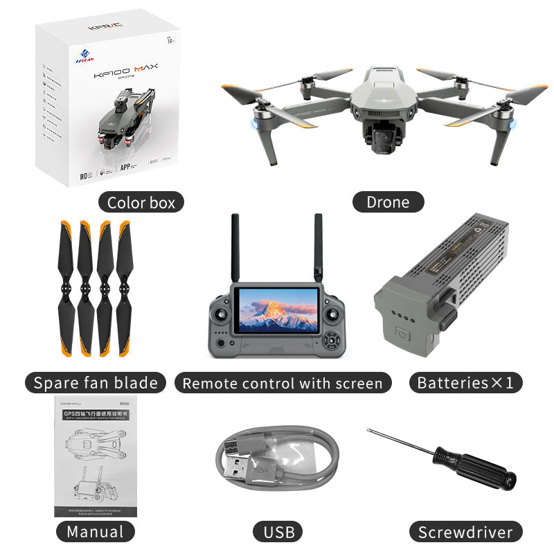 KF100 4K GPS Drone with 3-Axis Gimbal 10KM 5G FPV & Obstacle Avoidance Screen Remote Included