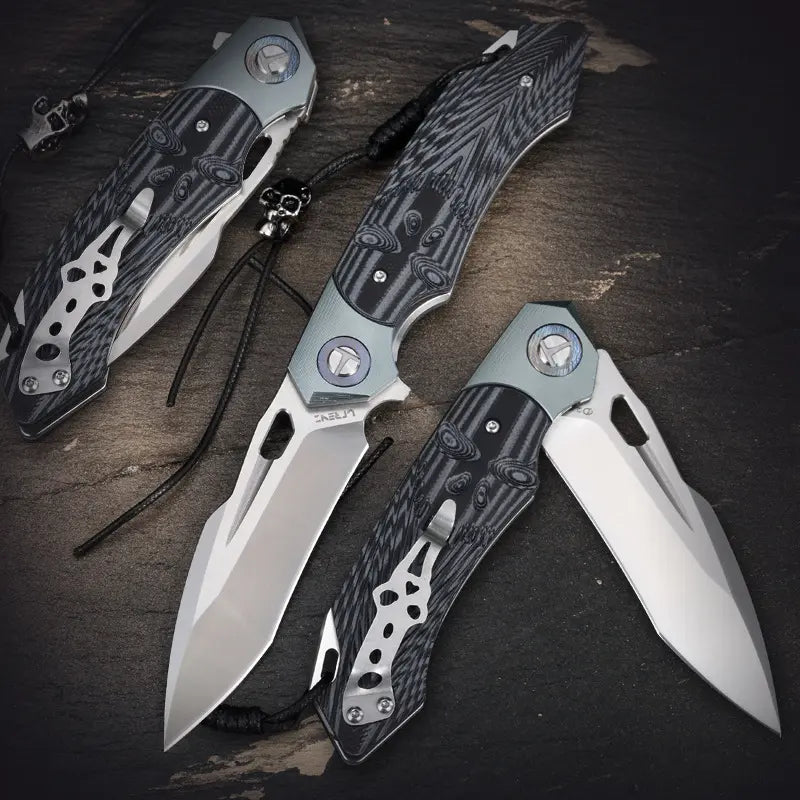 Leather Folding Knife – SkullForge D2 Tactical with G10 Grip, Skull Clip & Sheath
