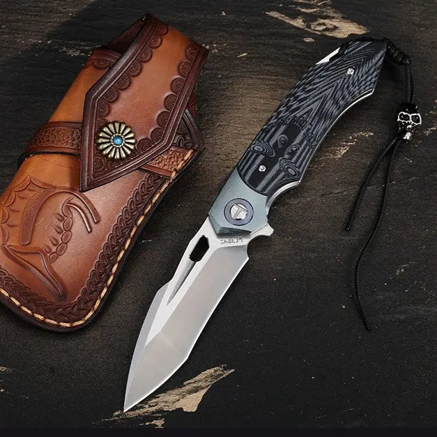 Leather Folding Knife – SkullForge D2 Tactical with G10 Grip, Skull Clip & Sheath