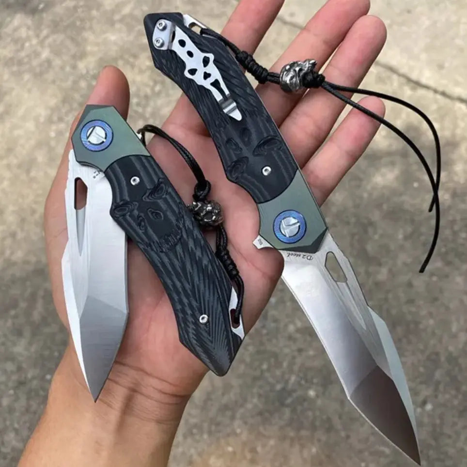 Leather Folding Knife – SkullForge D2 Tactical with G10 Grip, Skull Clip & Sheath