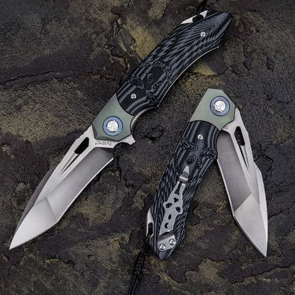 Leather Folding Knife – SkullForge D2 Tactical with G10 Grip, Skull Clip & Sheath