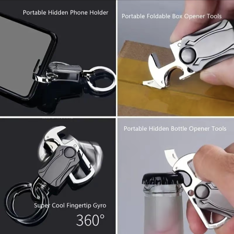 Metal Fidget Spinner – UniKey EDC Car Keychain Multi-Tool with Box Cutter, & Phone Stand