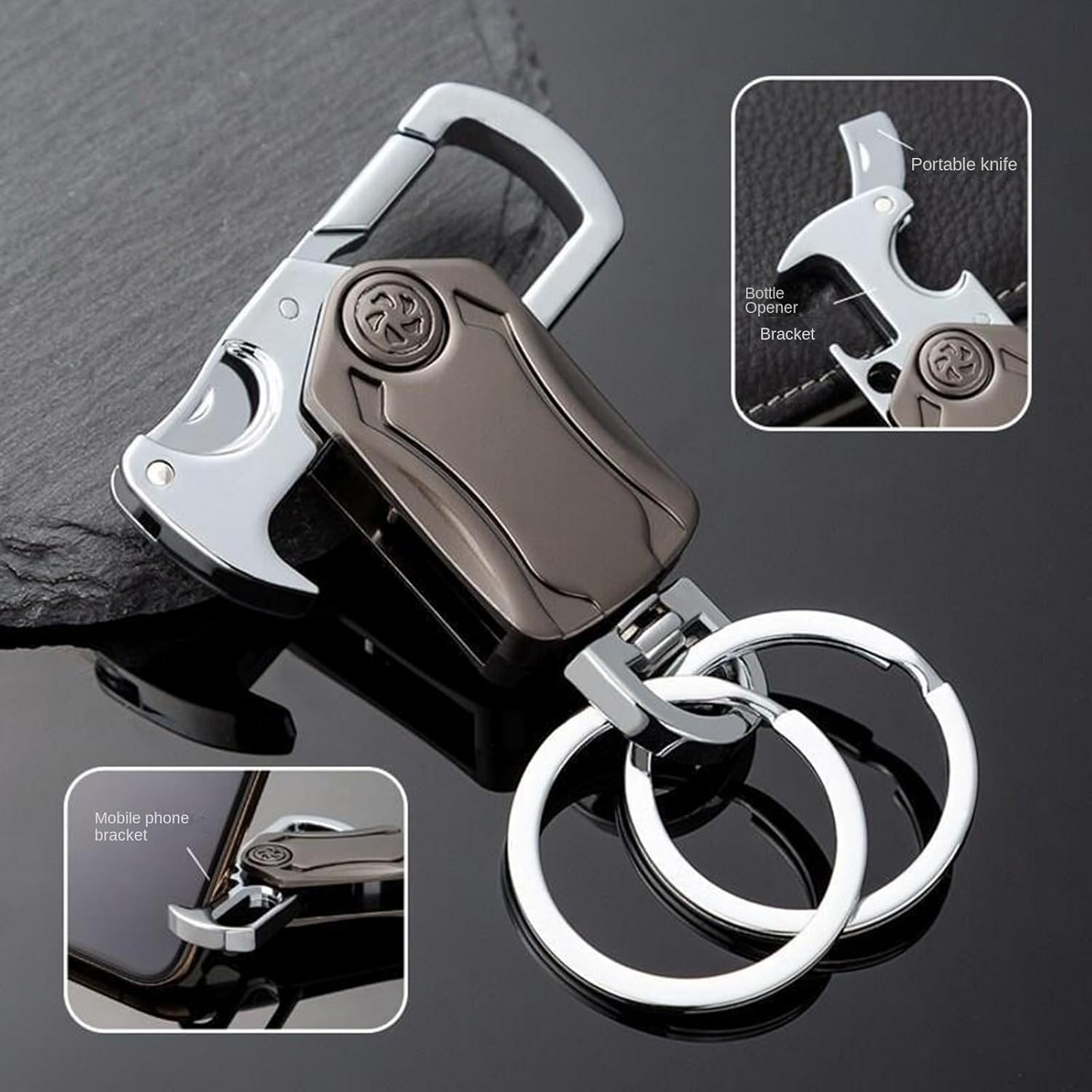 Metal Fidget Spinner – UniKey EDC Car Keychain Multi-Tool with Box Cutter, & Phone Stand