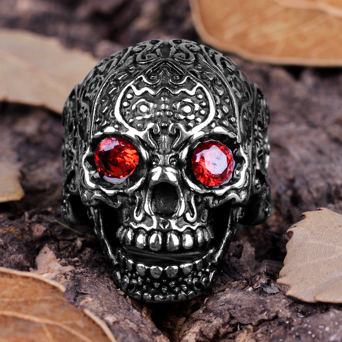 Rhinestone Skull Ring – Biker with Red Eye Gothic Punk Rock Statement