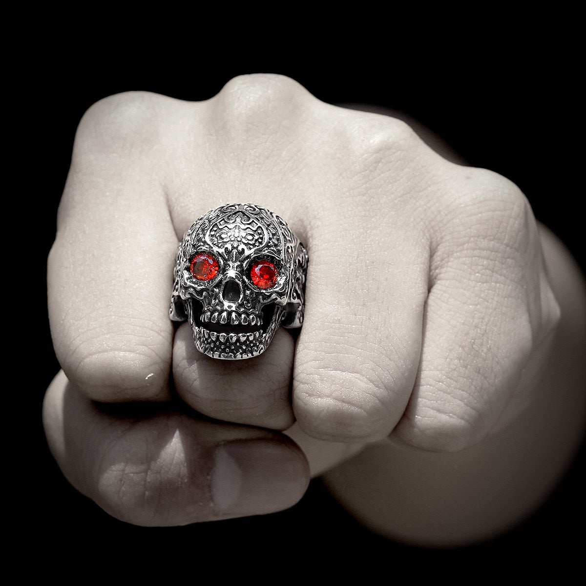Rhinestone Skull Ring – Biker with Red Eye Gothic Punk Rock Statement