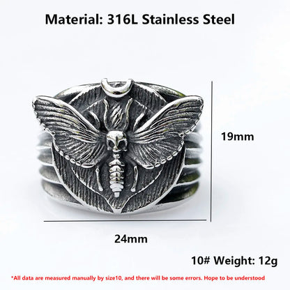 Skull Moth Ring – Death's Head 316L Stainless Steel Gothic Punk Biker