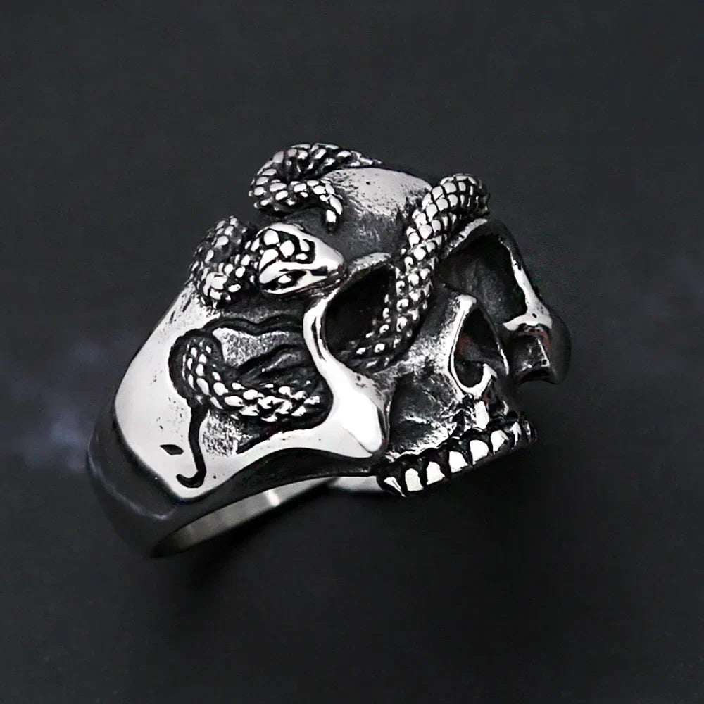 Snake Ring – Skull with Amulet Gothic Punk Biker Viking Statement