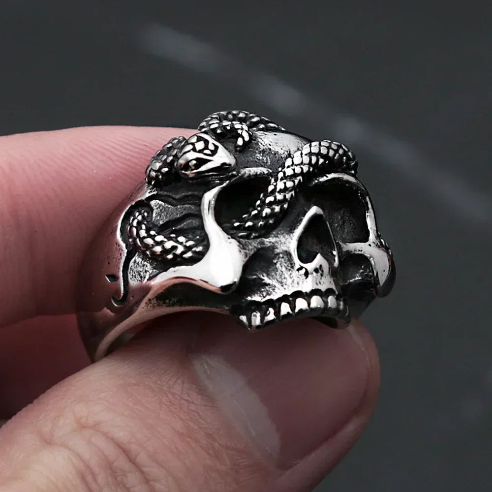 Snake Ring – Skull with Amulet Gothic Punk Biker Viking Statement