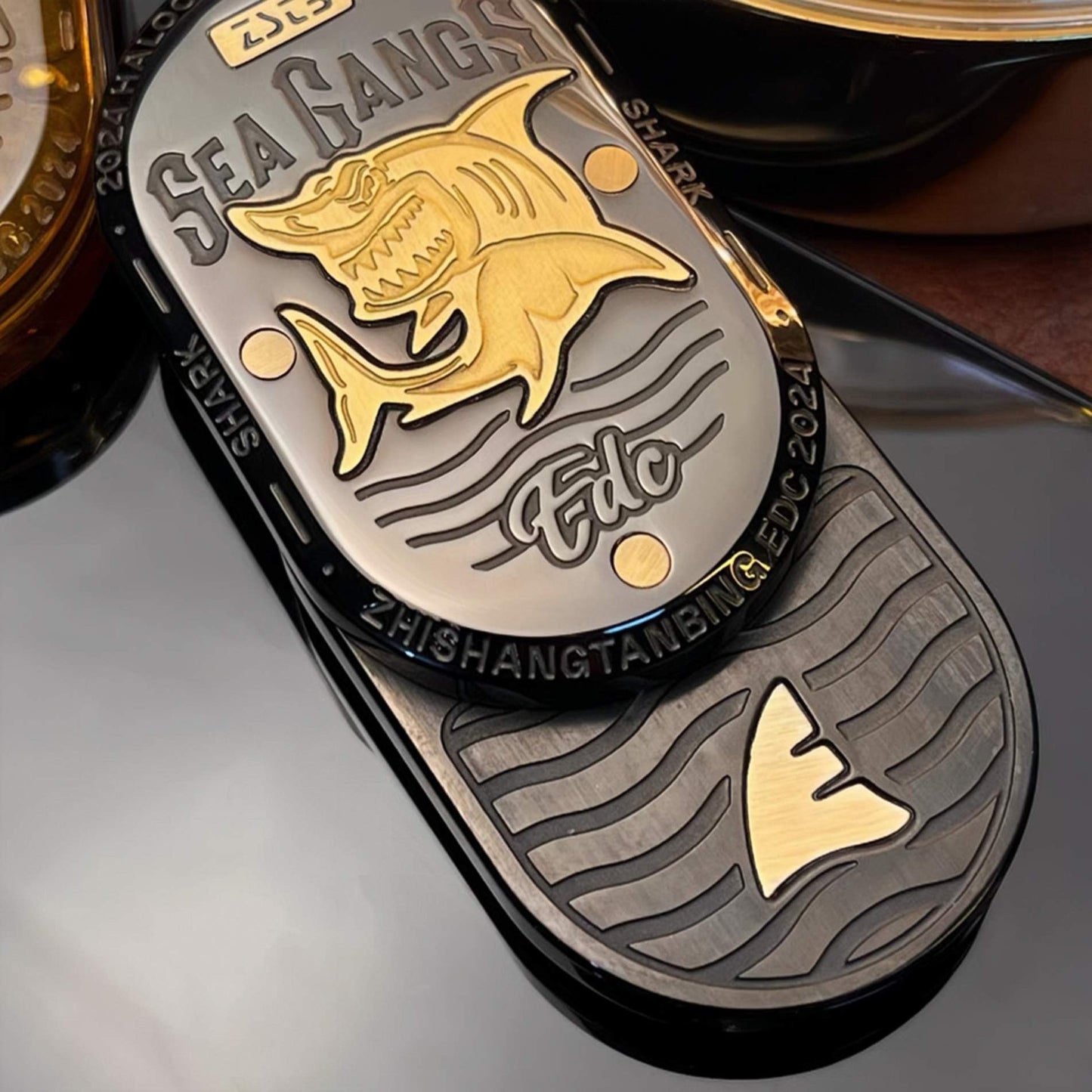 Stainless Steel Fidget Slider – Sea Shark EDC with Brass Shark Inlay