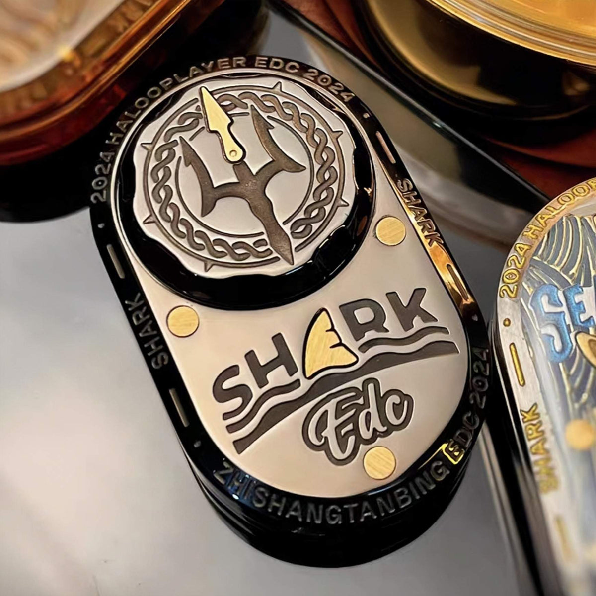 Stainless Steel Fidget Slider – Sea Shark EDC with Brass Shark Inlay