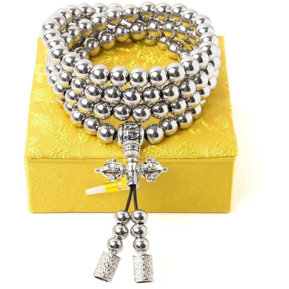 Stainless Steel Necklace – 108 Buddha Beads Mala with Multi-Function Self Defense