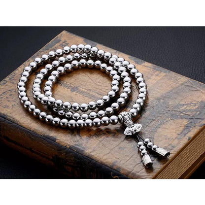 Stainless Steel Necklace – 108 Buddha Beads Mala with Multi-Function Self Defense