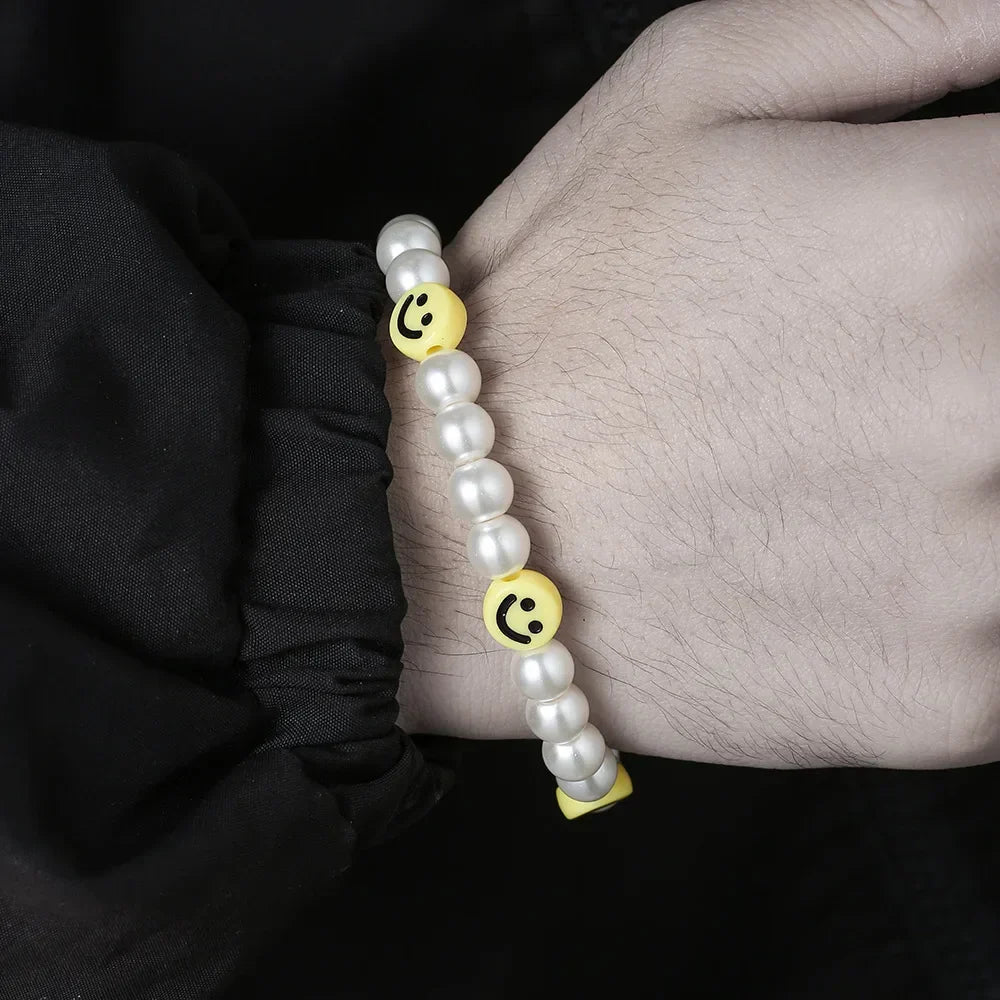 Statement Bracelet – Pearl with Smiley Face Handmade Cute Y2K