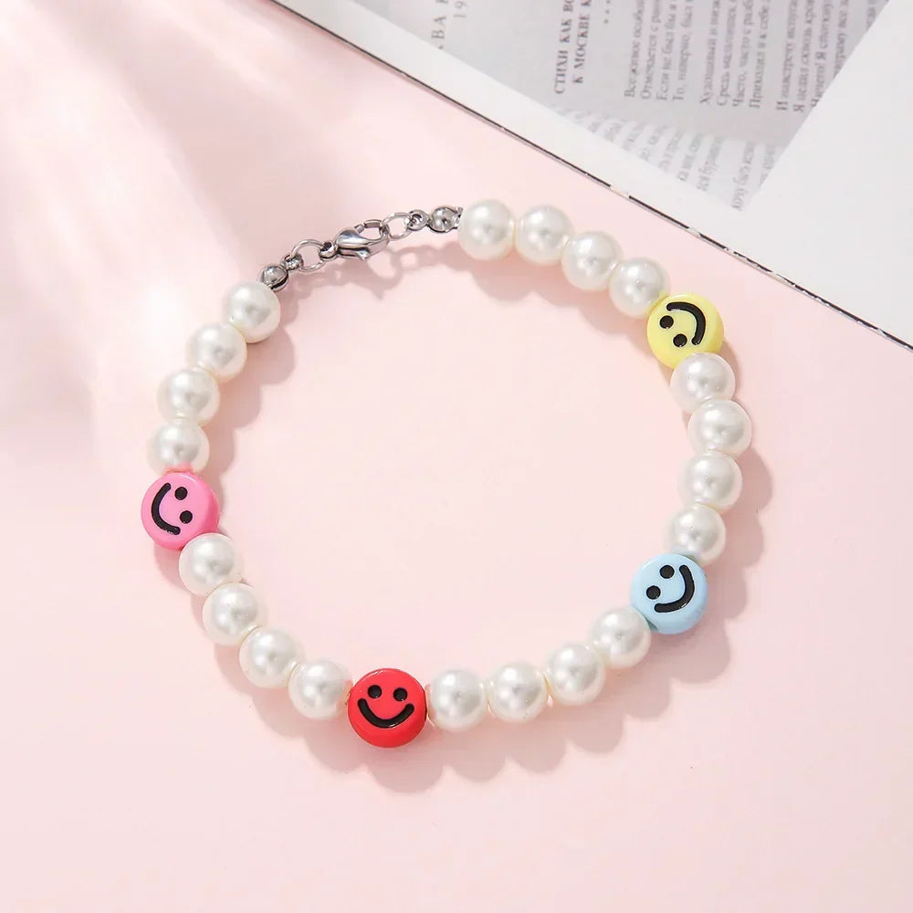 Statement Bracelet – Pearl with Smiley Face Handmade Cute Y2K