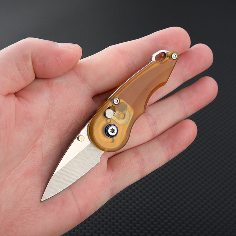 Steel Folding Knife – Keychain 7Cr PEI Handle Drop Point Amber EDC Mini Pocket