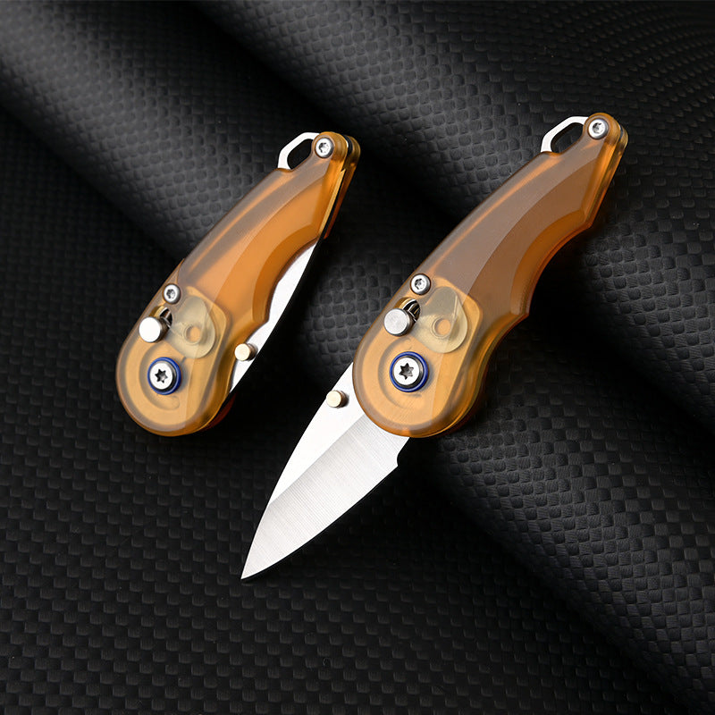 Steel Folding Knife – Keychain 7Cr PEI Handle Drop Point Amber EDC Mini Pocket