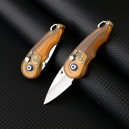 Steel Folding Knife – Keychain 7Cr PEI Handle Drop Point Amber EDC Mini Pocket