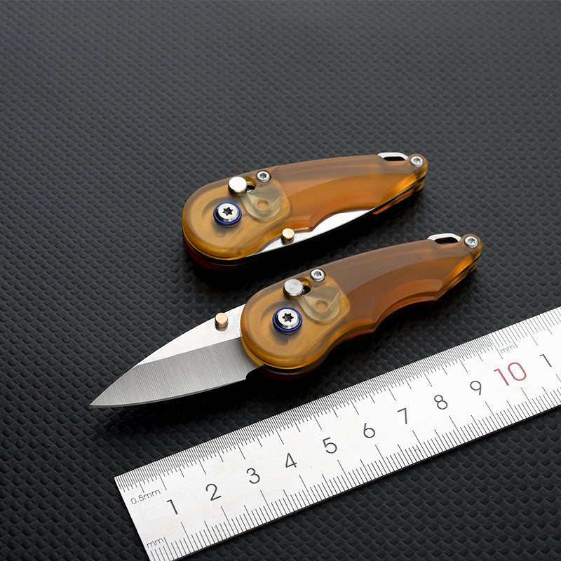 Steel Folding Knife – Keychain 7Cr PEI Handle Drop Point Amber EDC Mini Pocket