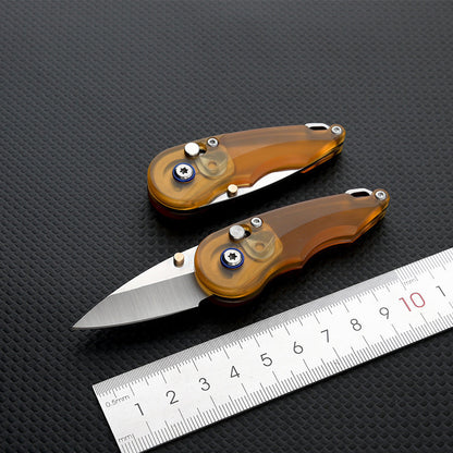 Steel Folding Knife – Keychain 7Cr PEI Handle Drop Point Amber EDC Mini Pocket