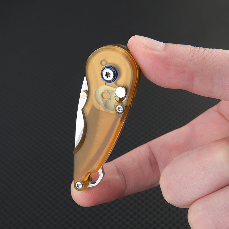 Steel Folding Knife – Keychain 7Cr PEI Handle Drop Point Amber EDC Mini Pocket
