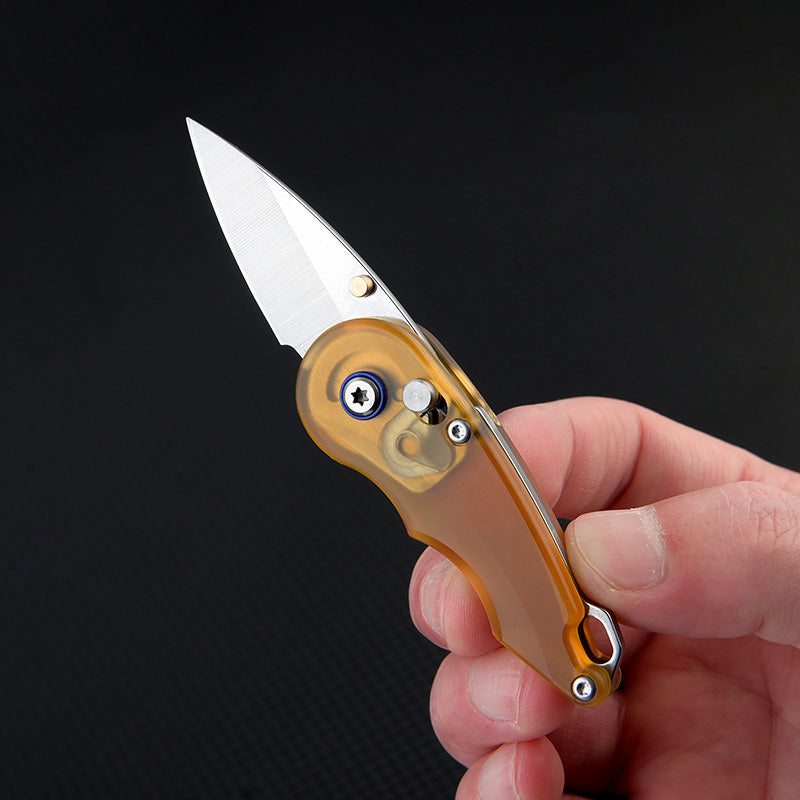 Steel Folding Knife – Keychain 7Cr PEI Handle Drop Point Amber EDC Mini Pocket