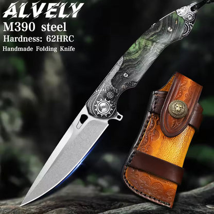 Steel Folding Knife – M390 Steampunk Pocket Green Resin Handle EDC Collector