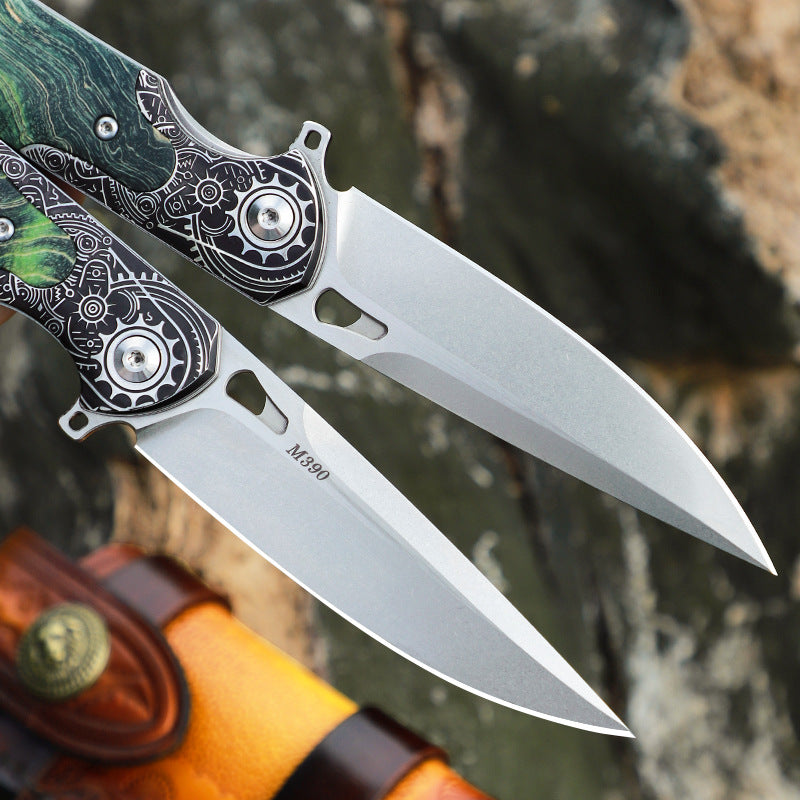 Steel Folding Knife – M390 Steampunk Pocket Green Resin Handle EDC Collector