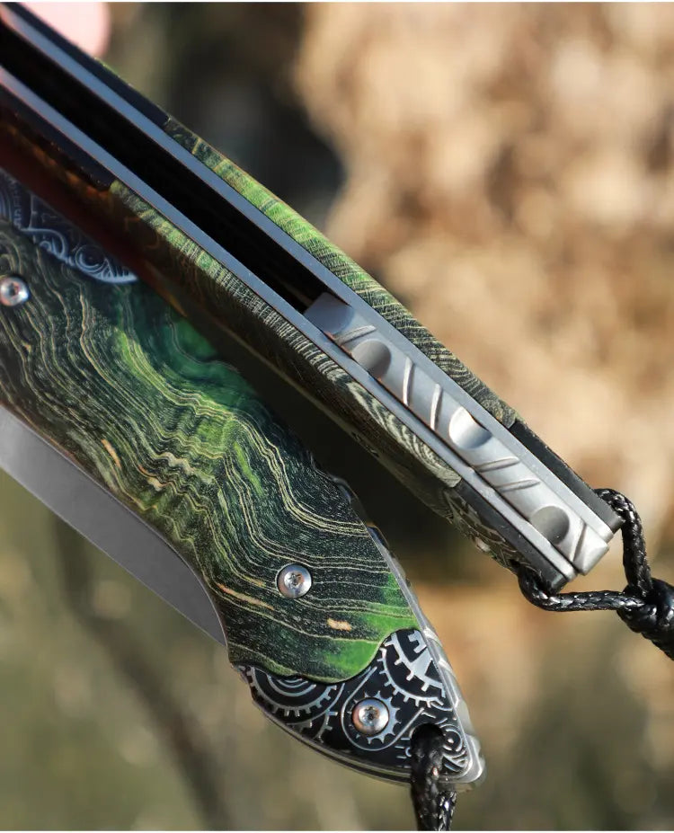 Steel Folding Knife – M390 Steampunk Pocket Green Resin Handle EDC Collector