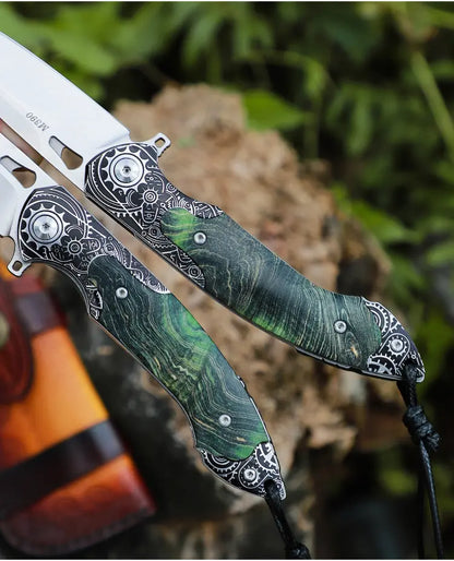 Steel Folding Knife – M390 Steampunk Pocket Green Resin Handle EDC Collector