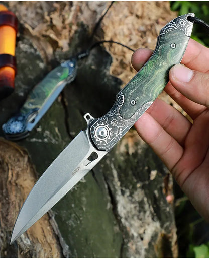 Steel Folding Knife – M390 Steampunk Pocket Green Resin Handle EDC Collector