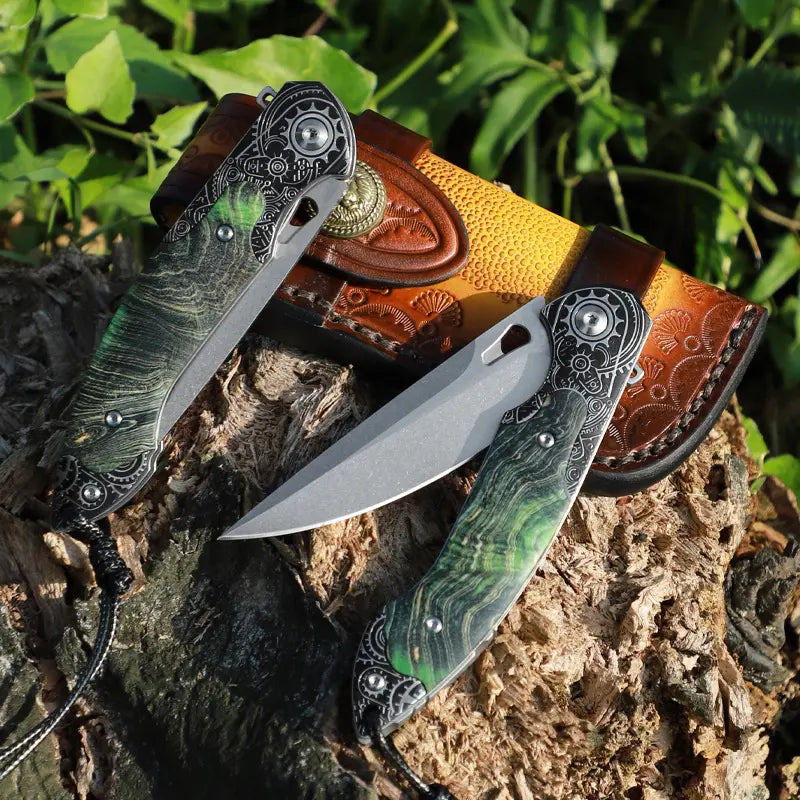 Steel Folding Knife – M390 Steampunk Pocket Green Resin Handle EDC Collector