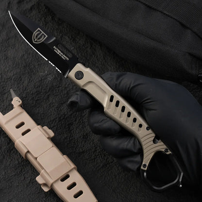 Steel Folding Knife – Tactical N690C Finger Ring Design Black Finish EDC First Responder