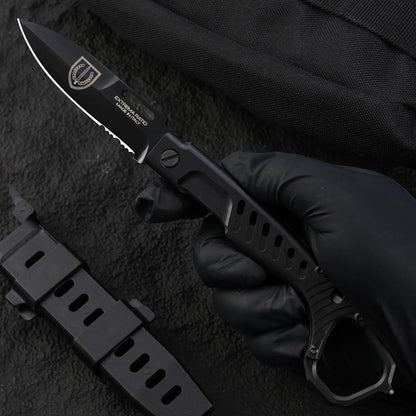 Steel Folding Knife – Tactical N690C Finger Ring Design Black Finish EDC First Responder