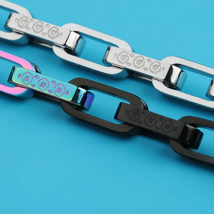 Titanium Bracelet – FloraLink Chains Unisex Modern Steel with Daisy Pattern Engraving