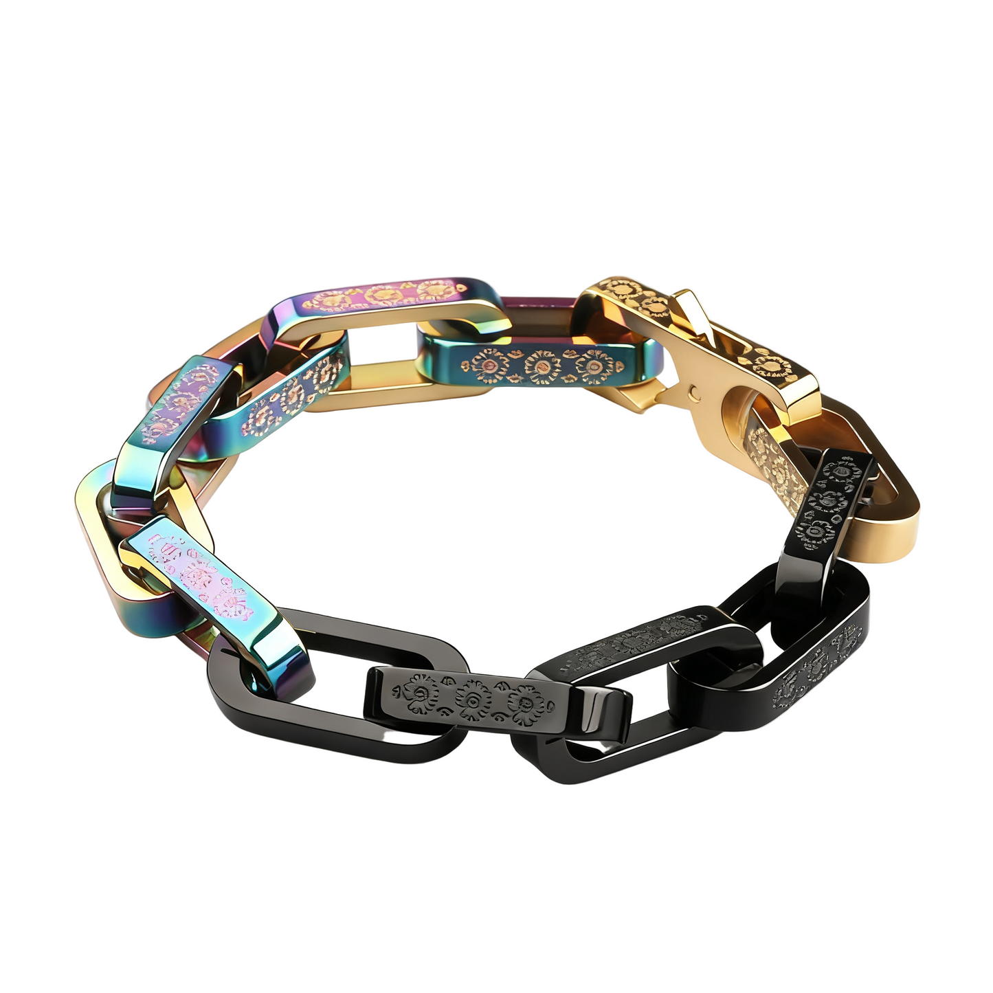 Titanium Bracelet – FloraLink Chains Unisex Modern Steel with Daisy Pattern Engraving