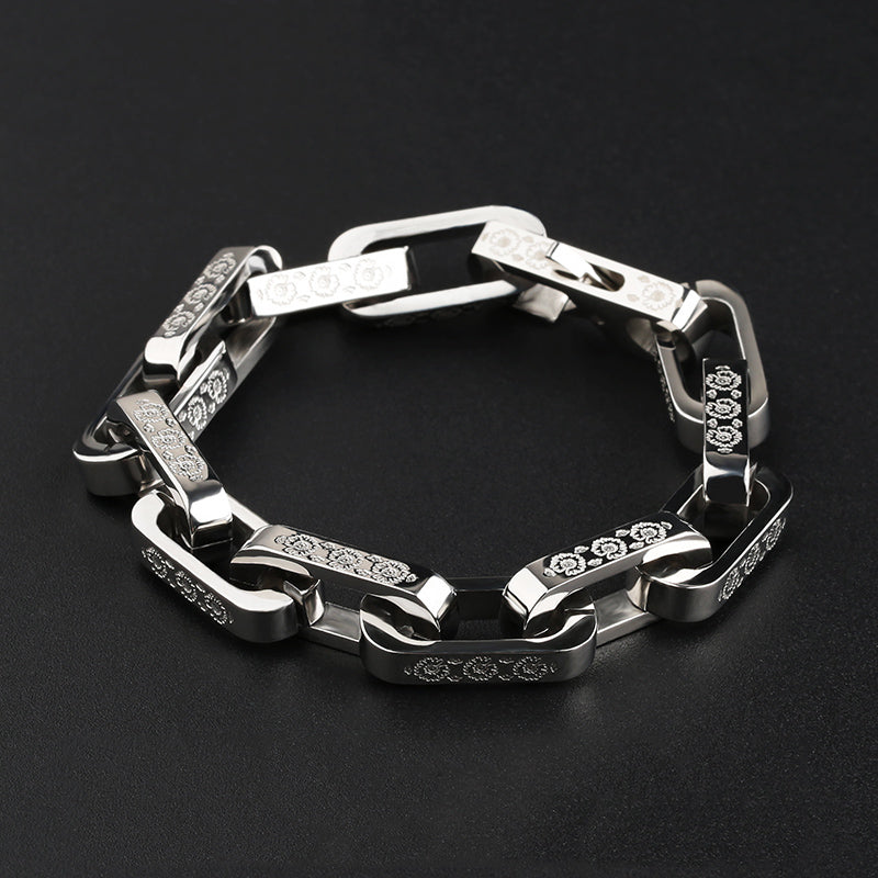 Titanium Bracelet – FloraLink Chains Unisex Modern Steel with Daisy Pattern Engraving