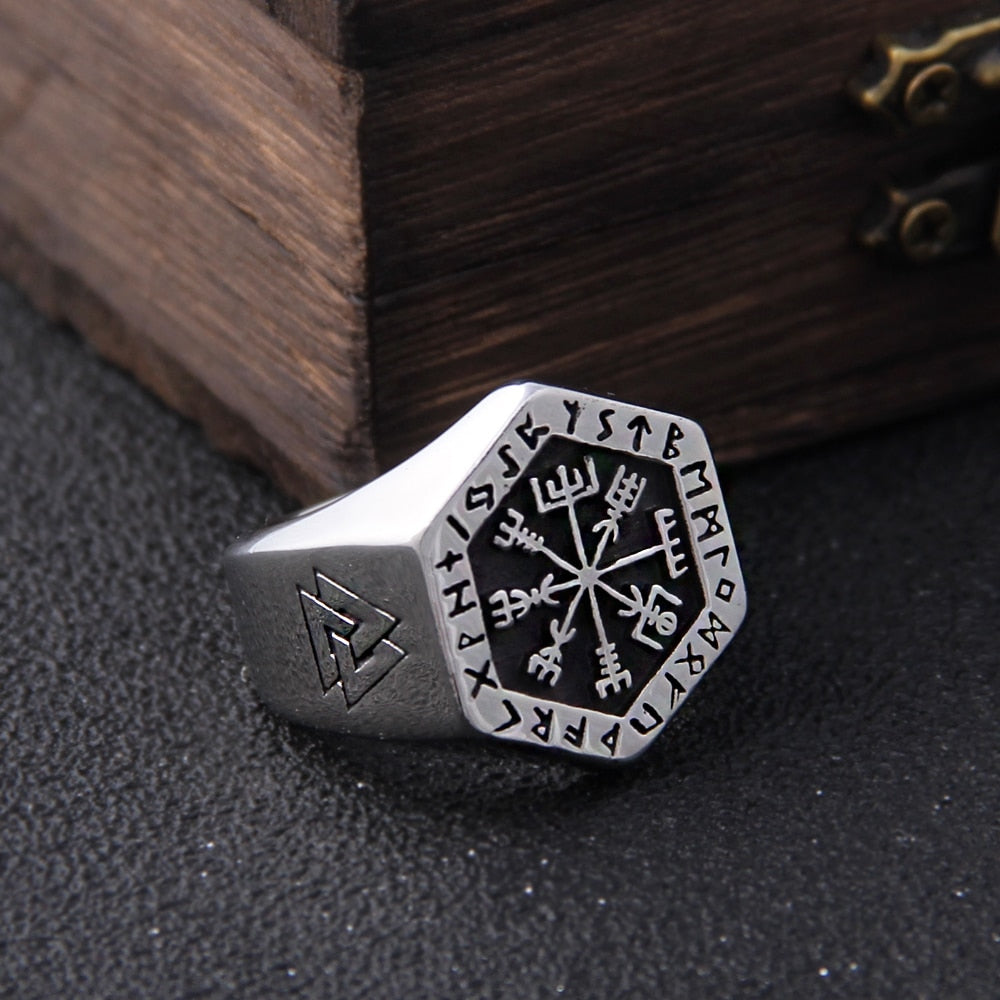 Vegvisir Compass Ring – Viking with Hexagon Norse Rune Geometric Gothic Band
