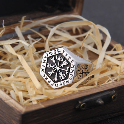 Vegvisir Compass Ring – Viking with Hexagon Norse Rune Geometric Gothic Band