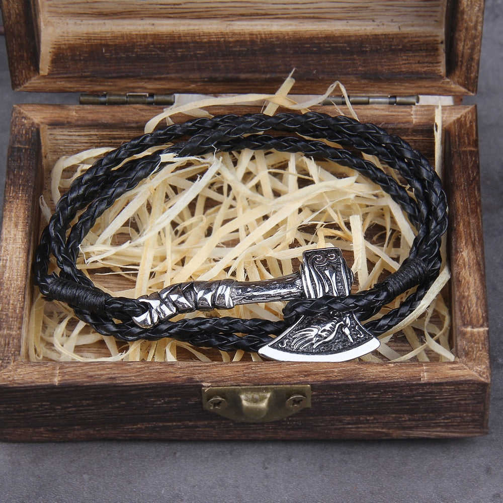 Viking Axe Bracelet – Leather with Combat Valknut Nordic Amulet Multilayer Bangle