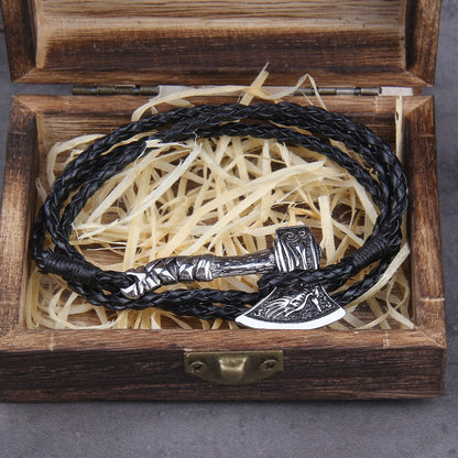 Viking Axe Bracelet – Leather with Combat Valknut Nordic Amulet Multilayer Bangle