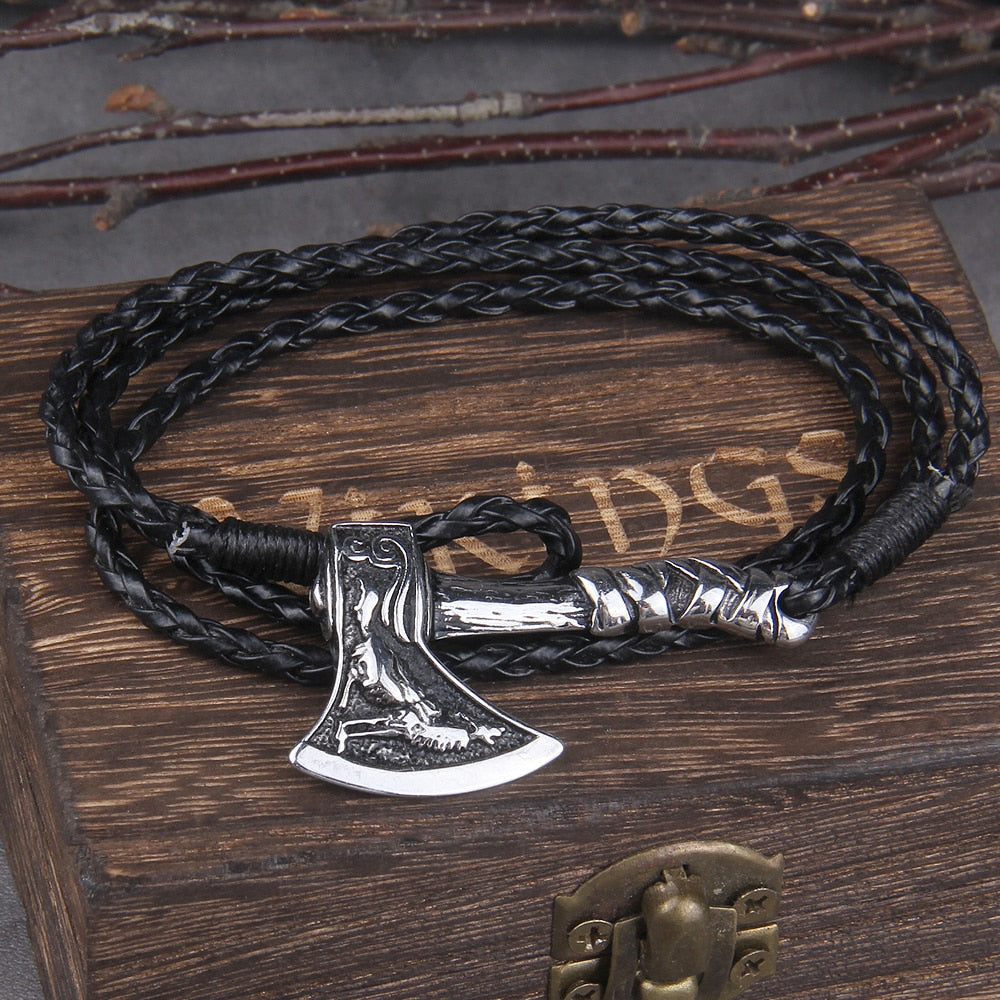 Viking Axe Bracelet – Leather with Combat Valknut Nordic Amulet Multilayer Bangle