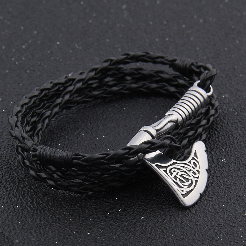 Viking Axe Bracelet – Leather with Combat Valknut Nordic Amulet Multilayer Bangle