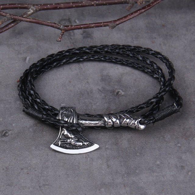 Viking Axe Bracelet – Leather with Combat Valknut Nordic Amulet Multilayer Bangle