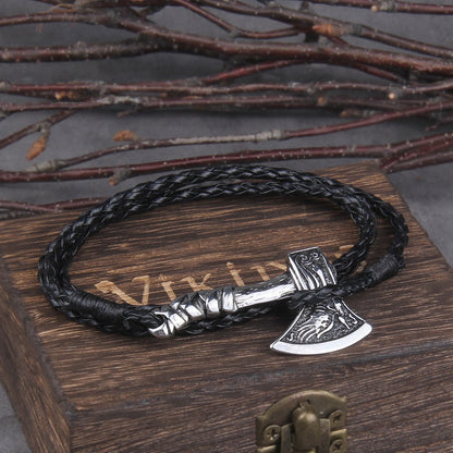 Viking Axe Bracelet – Leather with Combat Valknut Nordic Amulet Multilayer Bangle