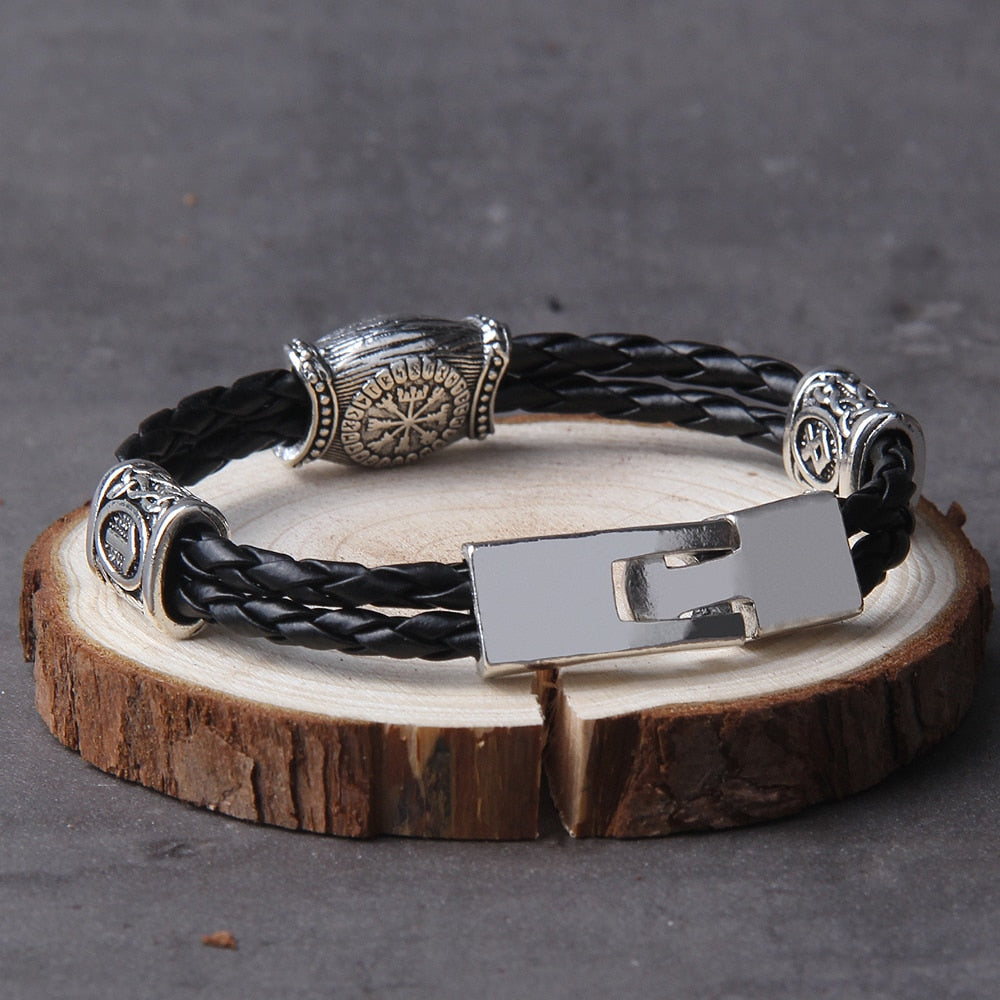 Viking Rune Bracelet – Leather with Helm of Awe Norse Gothic Punk Statement
