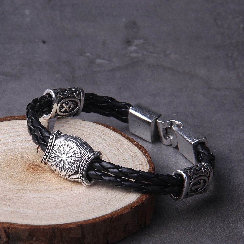 Viking Rune Bracelet – Leather with Helm of Awe Norse Gothic Punk Statement